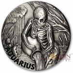 AQUARIUS ZODIAC – MEMENTO MORI Series Skull 2015 Silver coin round High relief Antique finish Rimless 1 oz